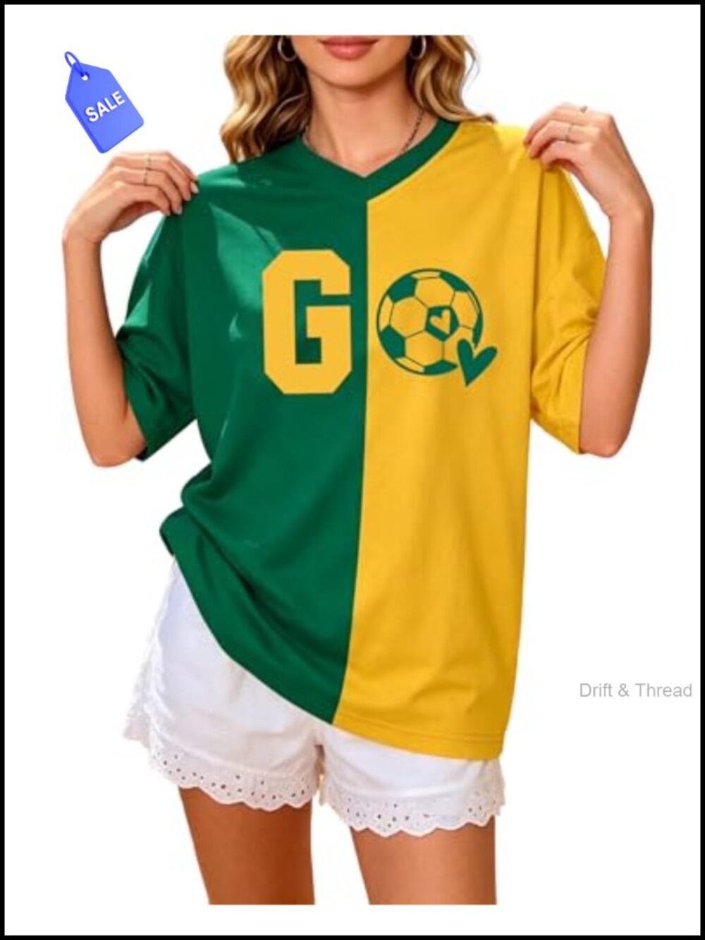 Women's Soccer Graphic V-Neck Tee Oversized Game Day Short Sleeve Top